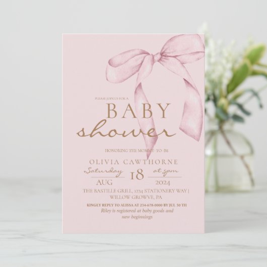 Roze Strik Baby Shower Blush Roze Kaart (Staand voorkant)