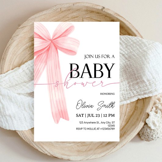 Roze Strik Baby Shower Uitnodiging