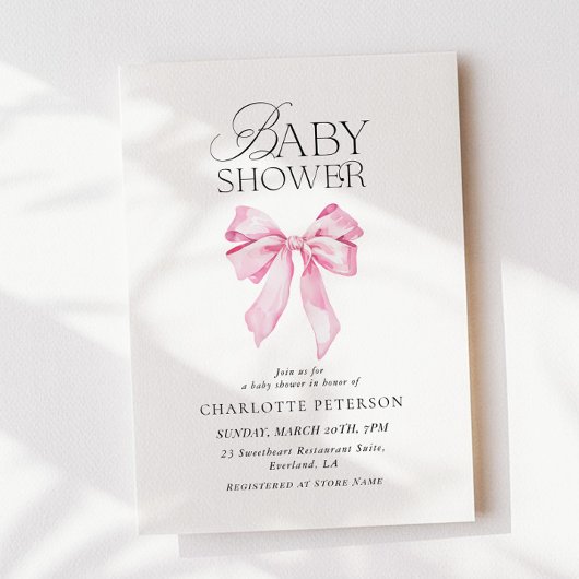 Roze Strik Baby Shower Uitnodiging