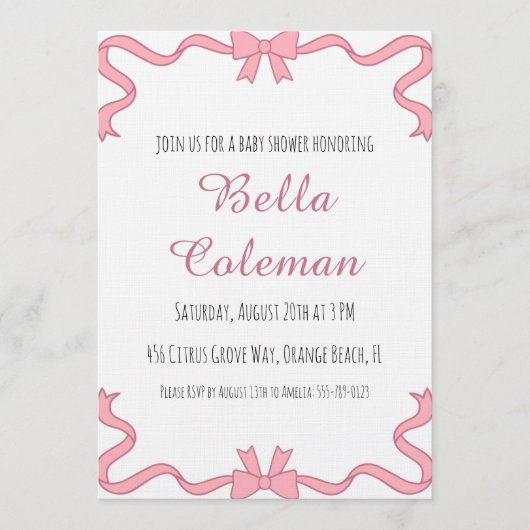 roze strik baby shower uitnodiging (Voorkant)
