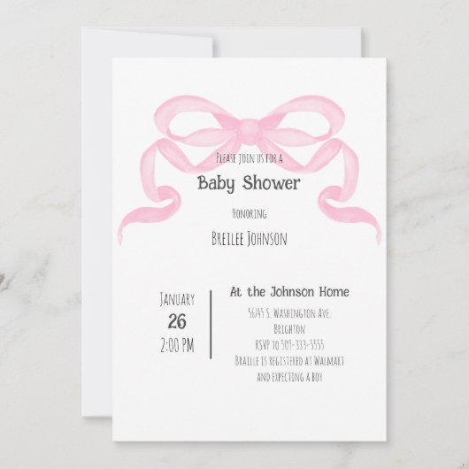 Roze strik baby shower uitnodiging (Voorkant)