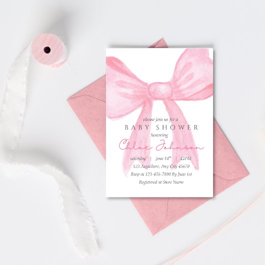Roze Strik Baby Shower Uitnodiging - Bewerkbare Sj