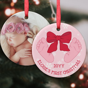 Roze Strik Baby Voeten Foto Dochter Eerste Kerstmi Keramisch Ornament