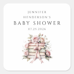 Roze Strik Babyshower Boekenstapel Vierkante Sticker