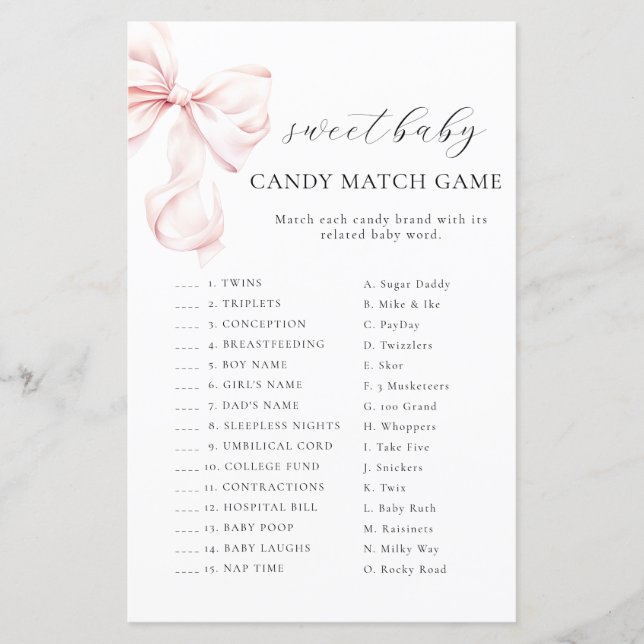 Roze strik babyshower CANDY MATCH GAME (Voorkant)
