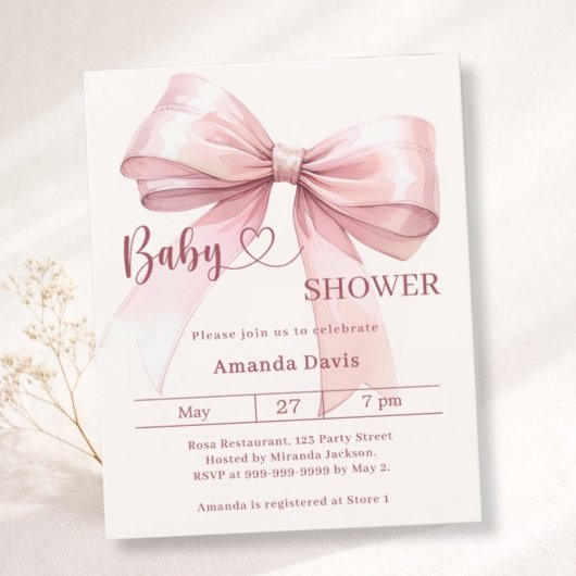 Roze strik beige meisje Baby Shower uitnodiging