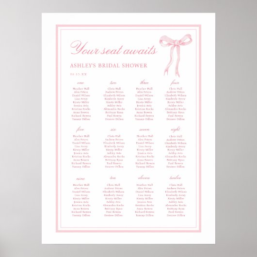 Roze strik binden de knoop 12 tafels Zitplaatskaar Poster (Voorkant)