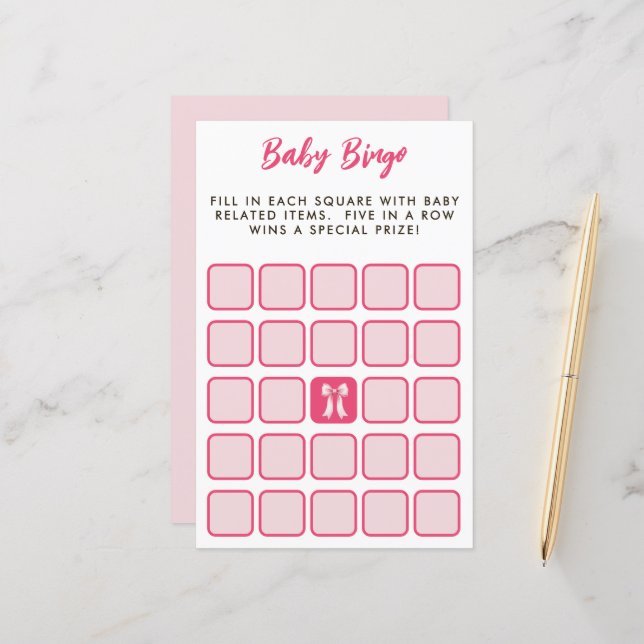 Roze Strik Bingo Baby Shower Spel (Voorkant / Achterkant in situ)