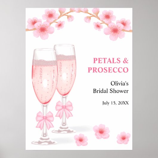 Roze Strik Bloem Blaadjes & Prosecco Bruidsfeest Poster (Voorkant)