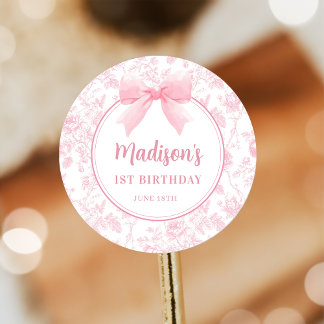 Roze strik bloem chinoiserie verjaardagssticker ronde sticker
