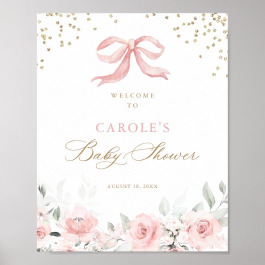 Roze Strik Bloem Goud Groene Baby Shower Welkom Poster (Voorkant)