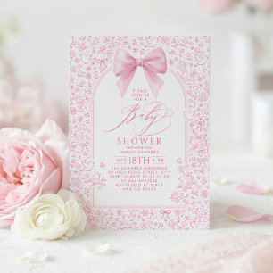 Roze strik bloem toile klassieke baby shower kaart