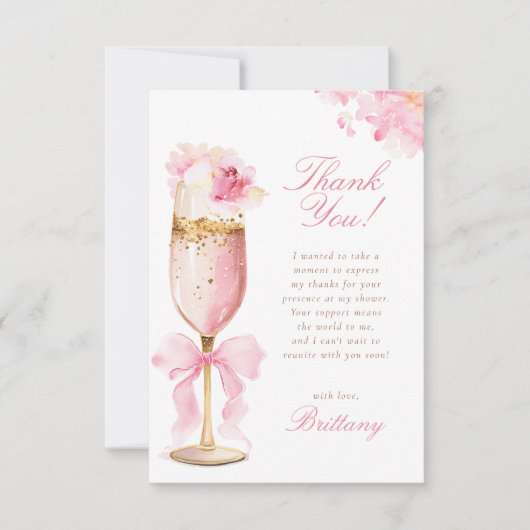 Roze Strik Bloemblaadjes Prosecco Bruidsdiner Bedankkaart (Voorkant)