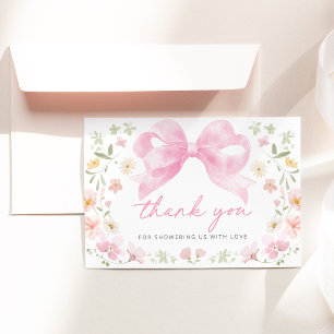 Roze strik bloemen babyshower dankjewel bedankkaart