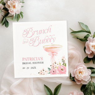 Roze strik bloemen brunch en bubbels bruidsfeestje servet