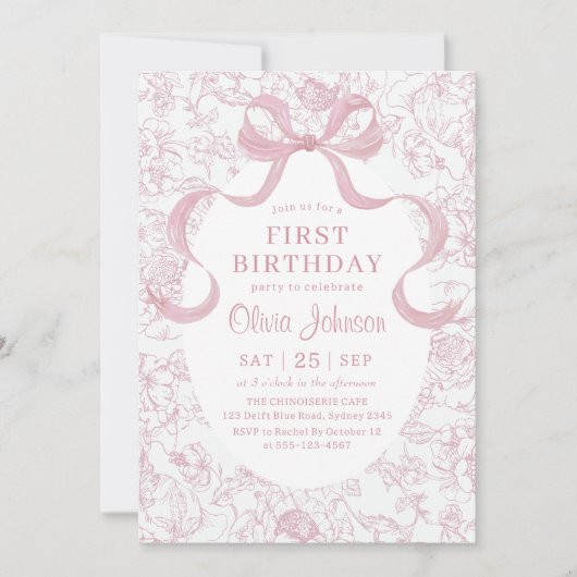 Roze strik Bloemen Chinoiserie Toile Verjaardag Kaart (Voorkant)