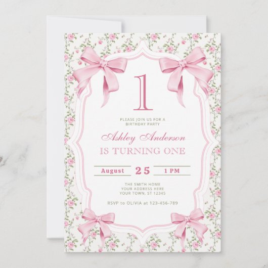 Roze strik Bloemen Coquette 1e verjaardag Kaart (Voorkant)