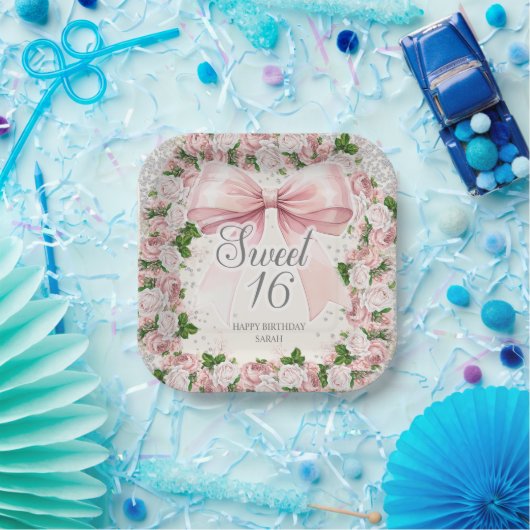 Roze strik Bloemen  Coquette Sweet 16 Papieren Bordje (Feest)