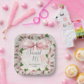 Roze strik Bloemen  Coquette Sweet 16 Papieren Bordje (Feest)