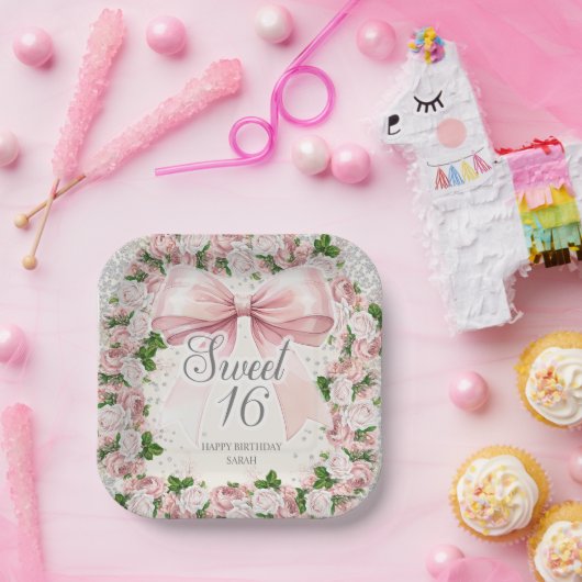 Roze strik Bloemen  Coquette Sweet 16 Papieren Bordje (Feest)