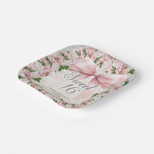 Roze strik Bloemen  Coquette Sweet 16 Papieren Bordje (Gebogen)