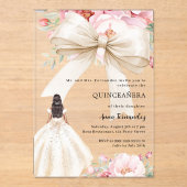 Roze strik bloemen crème jurk duidelijk Quinceaner Acryl Uitnodigingen (Voorkant)