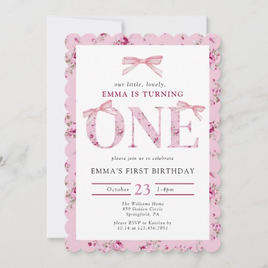 Roze strik Bloemen Eerste Verjaardag Kaart (Voorkant)