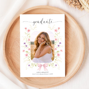 Roze Strik Bloemen Foto Afstudeeraankondiging Briefkaart