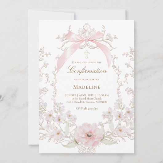 roze strik bloemen frame Confirmatie Kaart (Voorkant)