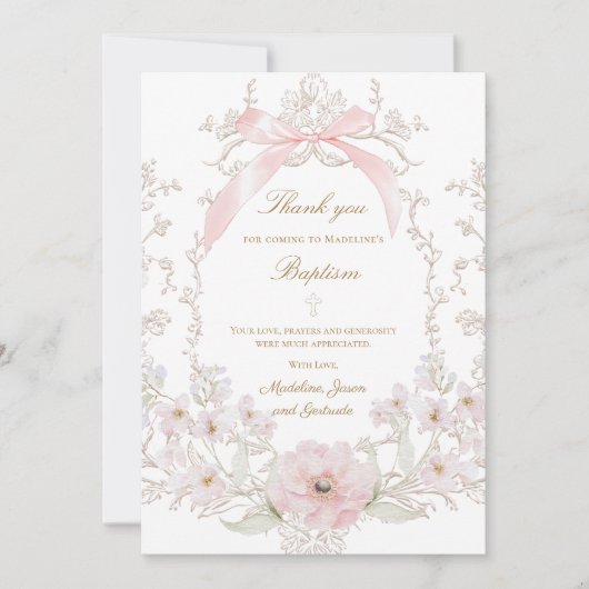 roze strik bloemen frame Dank je kaart (Voorkant)