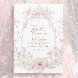 roze strik bloemen frame Eerste Heilige Communie Kaart