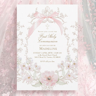 roze strik bloemen frame Eerste Heilige Communie Kaart