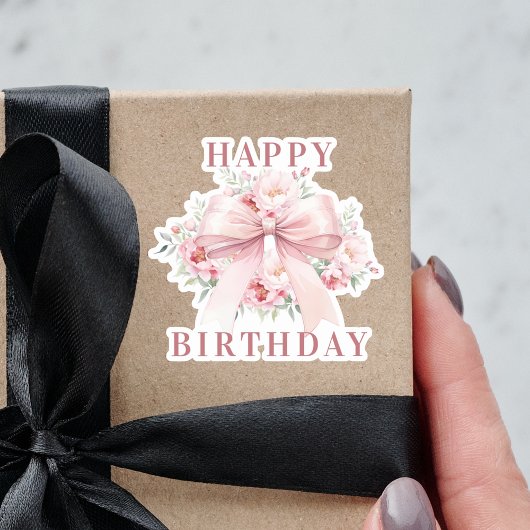 Roze strik bloemen Happy Birthday Sticker