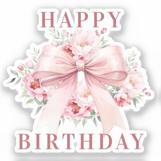 Roze strik bloemen Happy Birthday Sticker (Voorkant)