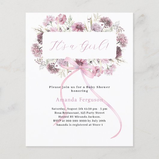 Roze strik bloemen het is een meisje Baby shower u (Voorkant)