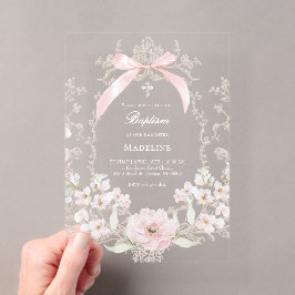 roze strik bloemen kader Doop Acryl Uitnodigingen
