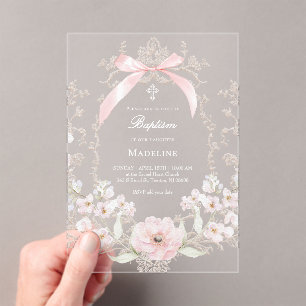 roze strik bloemen kader Doop Acryl Uitnodigingen