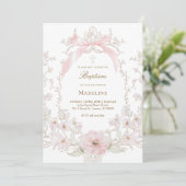 roze strik bloemen kader Doop Kaart (Staand voorkant)