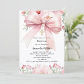 Roze strik bloemen meisje Doop Kaart (Staand voorkant)