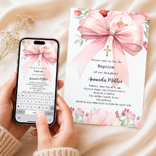 Roze strik bloemen meisje Doop Kaart