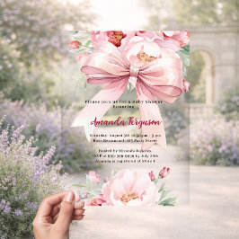 Roze strik bloemen meisje duidelijk Baby shower Acryl Uitnodigingen