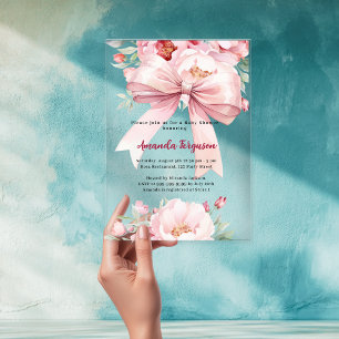 Roze strik bloemen meisje duidelijk Baby shower Acryl Uitnodigingen