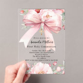 Roze strik bloemen meisje Eerste Communie duidelij Acryl Uitnodigingen (Insitu (Draagbaar))