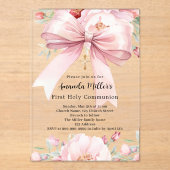 Roze strik bloemen meisje Eerste Communie duidelij Acryl Uitnodigingen (Voorkant)