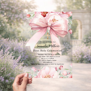 Roze strik bloemen meisje Eerste Communie helder Acryl Uitnodigingen