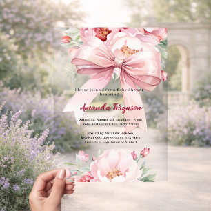 Roze strik bloemen meisje heldere Baby Shower Acryl Uitnodigingen