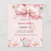 Roze strik bloemen Sweet 16 uitnodiging (Voorkant)
