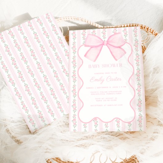  roze strik bloemig elegant Baby shower Kaart