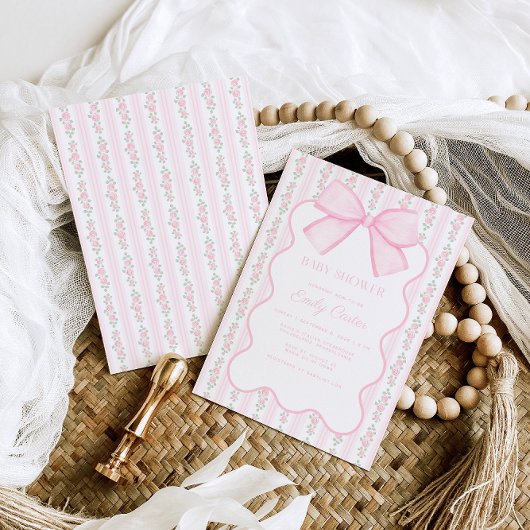  roze strik bloemig elegant Baby shower Kaart
