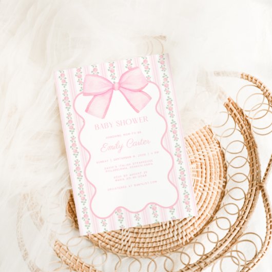  roze strik bloemig elegant Baby shower Kaart